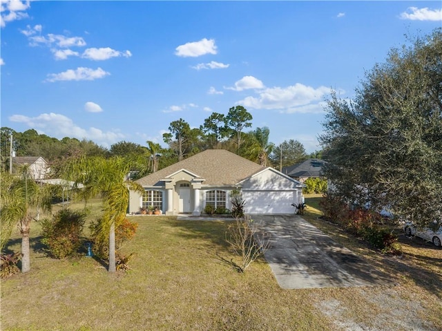 single story home featuring a garage and a front lawn