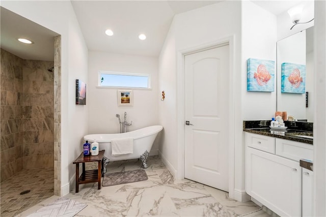 760 Holden Ave, Sebastian, FL 32958 - full bathroom with a freestanding bath, vanity, tiled shower, recessed lighting, and marble finish flooring