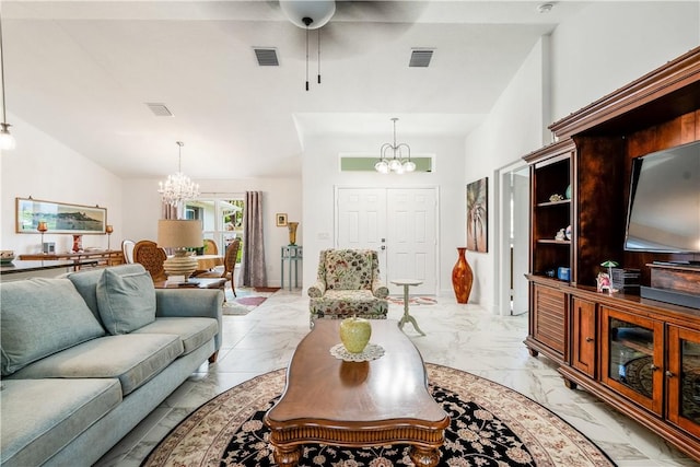 760 Holden Ave, Sebastian, FL 32958 - living area featuring a chandelier, light marble finish floors, a ceiling fan, and vaulted ceiling