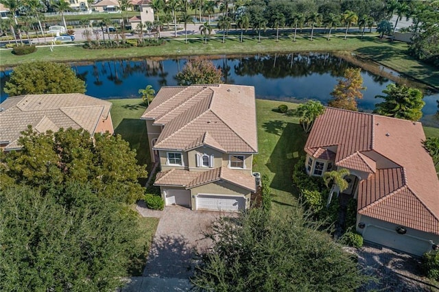 drone / aerial view featuring a water view