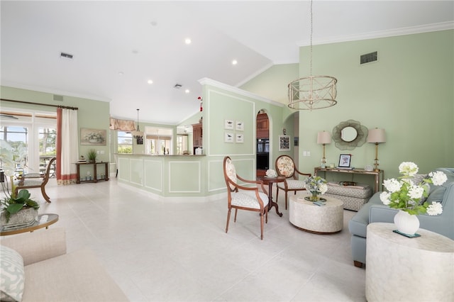 tiled living room with vaulted ceiling and crown molding