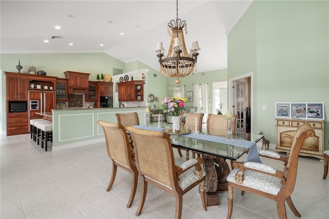 dining area featuring light tile patterned floors, high vaulted ceiling, recessed lighting, visible vents, and an inviting chandelier