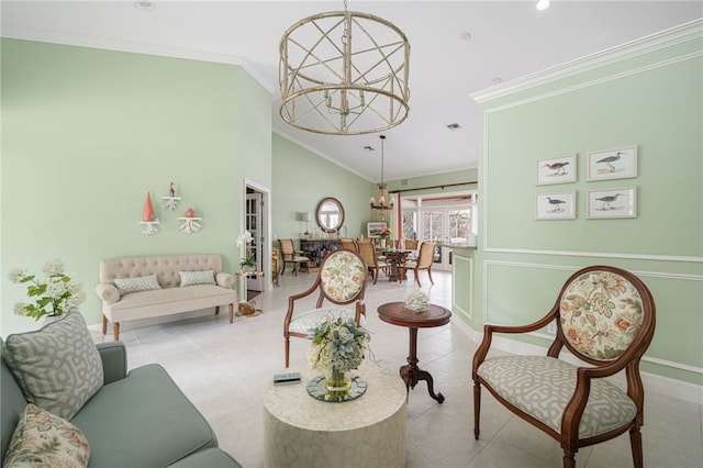 living room featuring light tile patterned floors, visible vents, crown molding, high vaulted ceiling, and a notable chandelier