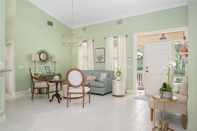 sitting room featuring baseboards, visible vents, lofted ceiling, crown molding, and a notable chandelier