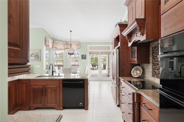 kitchen with brown cabinetry, ornamental molding, a sink, black appliances, and backsplash