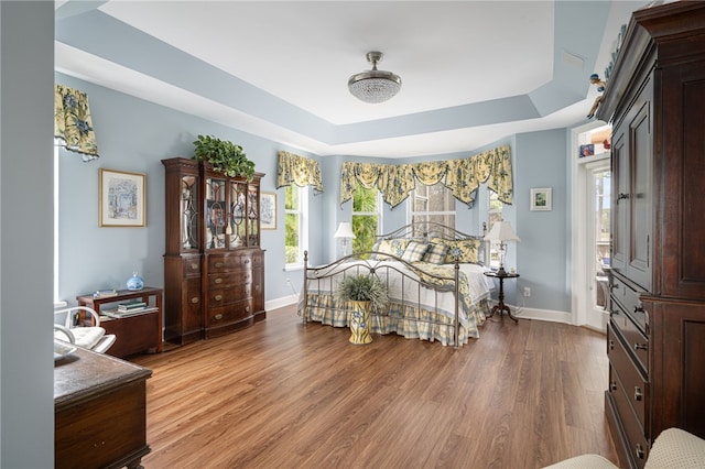 bedroom featuring a tray ceiling, baseboards, and wood finished floors