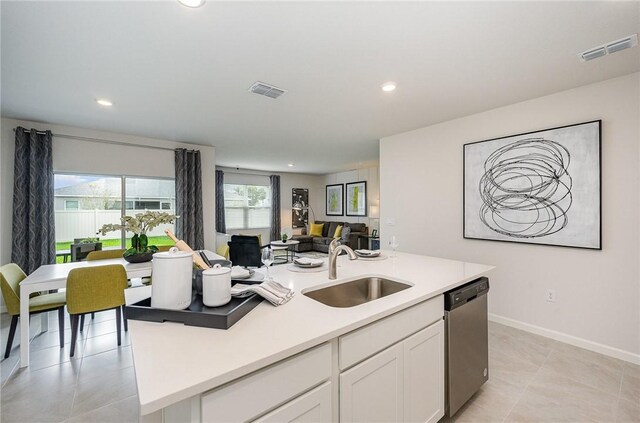 kitchen with visible vents, a sink, open floor plan, white cabinetry, and stainless steel dishwasher