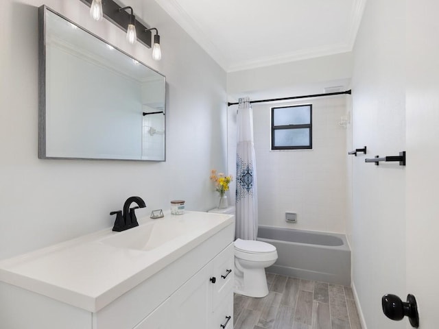 full bath featuring toilet, wood finished floors, vanity, shower / bath combination with curtain, and crown molding