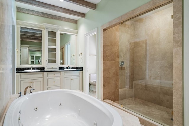 full bathroom with toilet, beam ceiling, vanity, and separate shower and tub