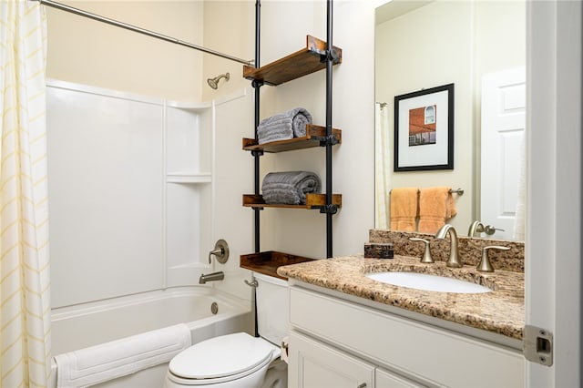 full bathroom featuring shower / bath combo with shower curtain, vanity, and toilet