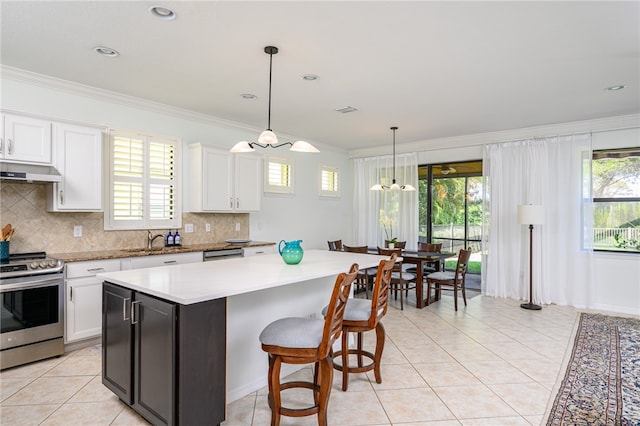 kitchen featuring white cabinets, appliances with stainless steel finishes, and ventilation hood