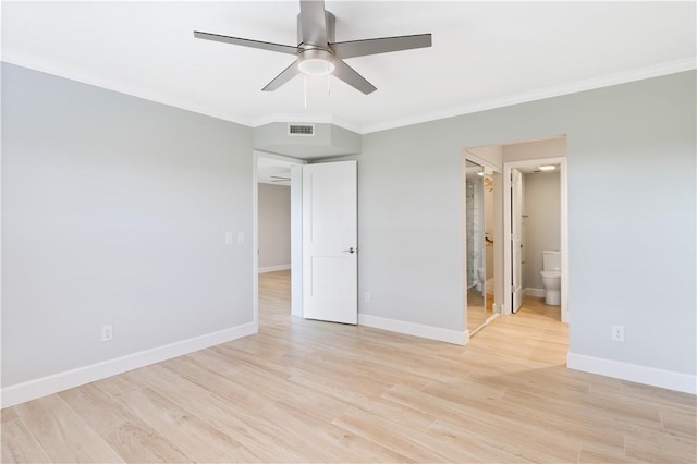 unfurnished bedroom with connected bathroom, crown molding, ceiling fan, and light wood-type flooring