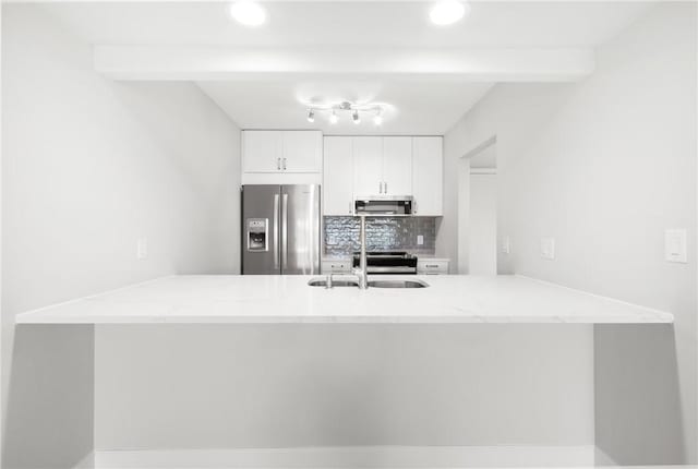 kitchen with white cabinetry, appliances with stainless steel finishes, decorative backsplash, and kitchen peninsula