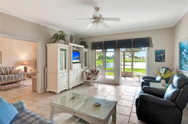 living room with ceiling fan and crown molding