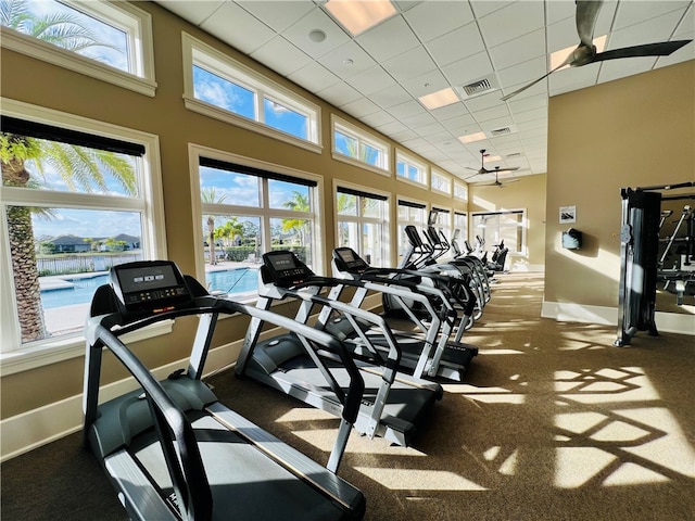 exercise room featuring a high ceiling and a paneled ceiling