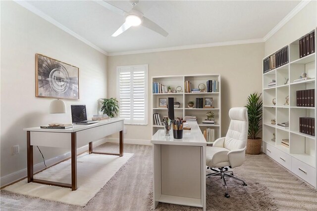 living room with light colored carpet, ceiling fan, and crown molding