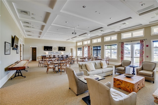 carpeted living room featuring a high ceiling, ornamental molding, beam ceiling, coffered ceiling, and french doors