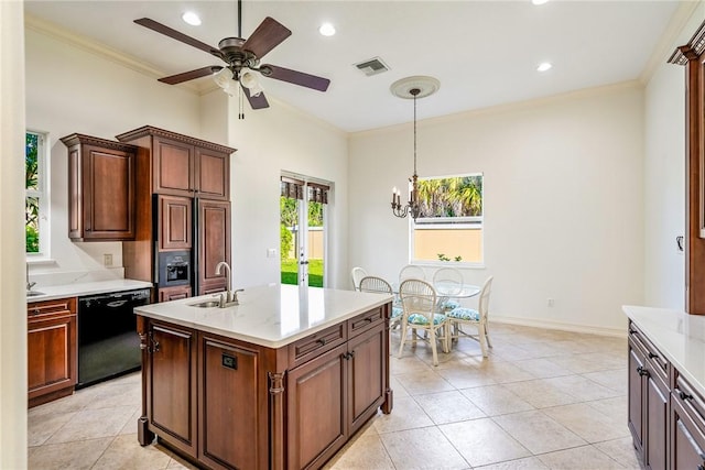 kitchen featuring ornamental molding, light countertops, black dishwasher, and a sink