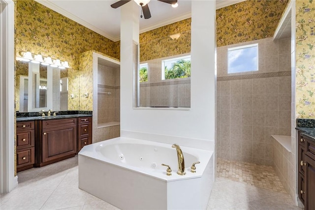 bathroom featuring vanity, crown molding, and wallpapered walls