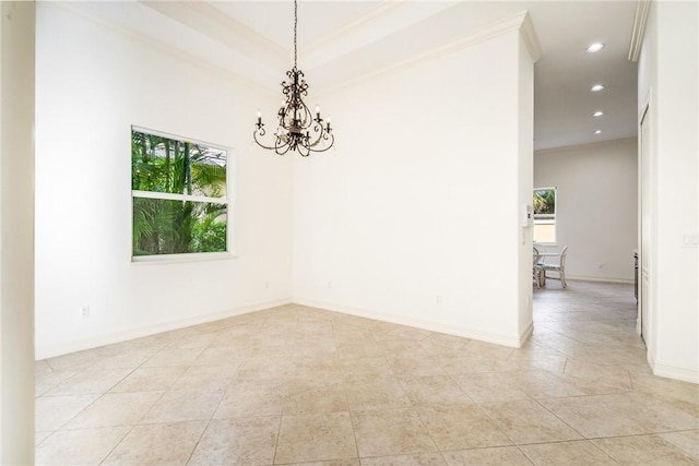 empty room featuring recessed lighting, an inviting chandelier, and baseboards