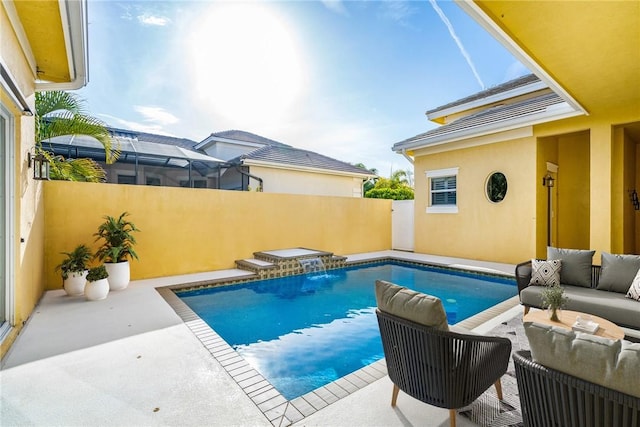 view of pool featuring a fenced in pool, a patio, outdoor lounge area, and fence