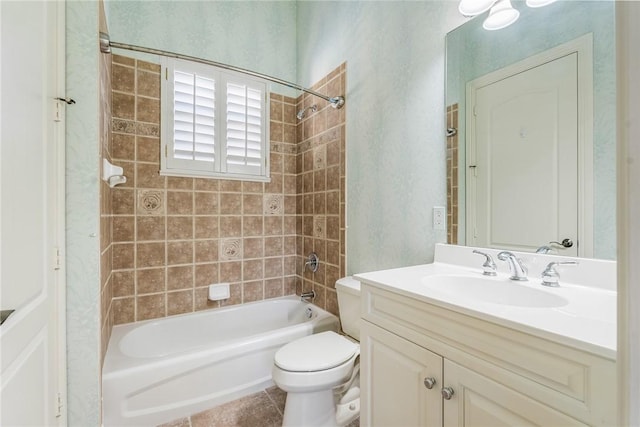 bathroom with tile patterned floors, shower / bath combination, toilet, and vanity