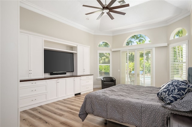 540 Marbrisa Dr, Vero Beach, FL 32963 - bedroom featuring light wood-style flooring, visible vents, a ceiling fan, access to outside, and crown molding