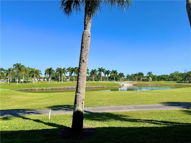 view of home's community with a yard and a water view