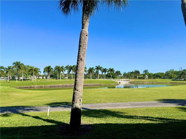 view of property's community featuring a water view and a lawn