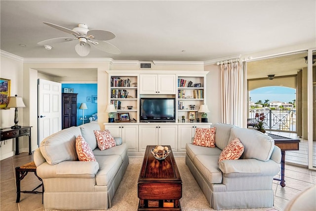 tiled living room with ceiling fan, crown molding, and billiards