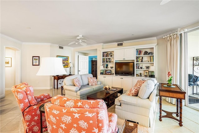 living room with ceiling fan, crown molding, and light tile patterned flooring