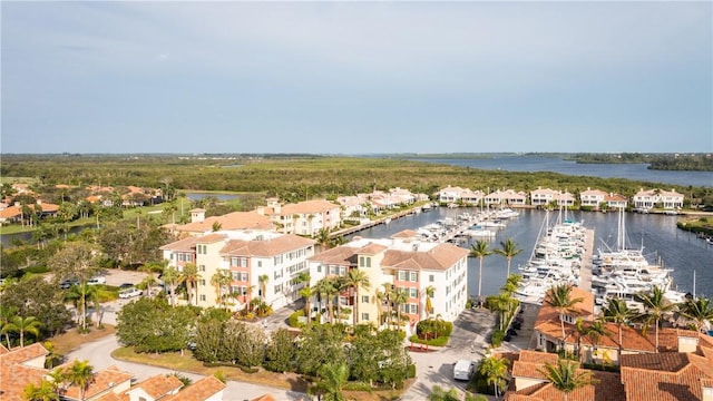 bird's eye view with a water view