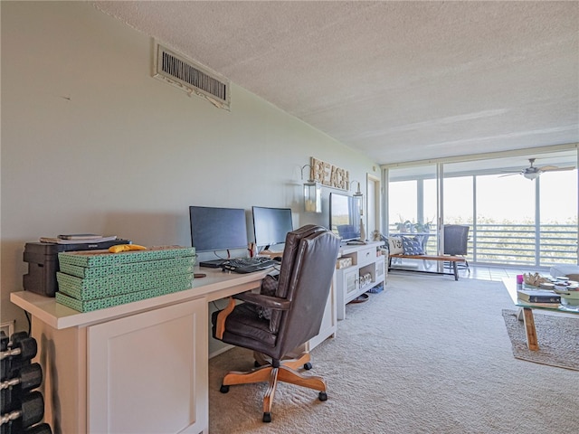 office space featuring a textured ceiling and carpet floors