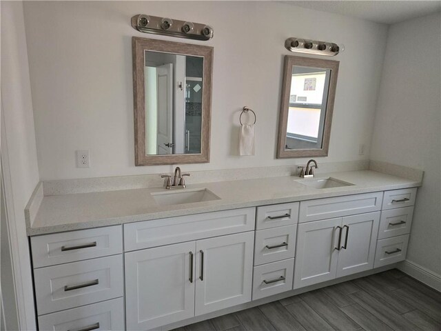 bathroom with vanity and hardwood / wood-style flooring