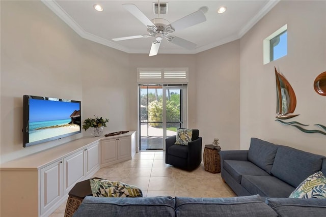 1300 Lake Bend Ct, Vero Beach, FL 32963 - living room with crown molding, light tile patterned floors, recessed lighting, and ceiling fan