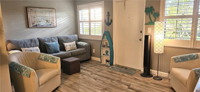 living room with baseboards and wood finished floors