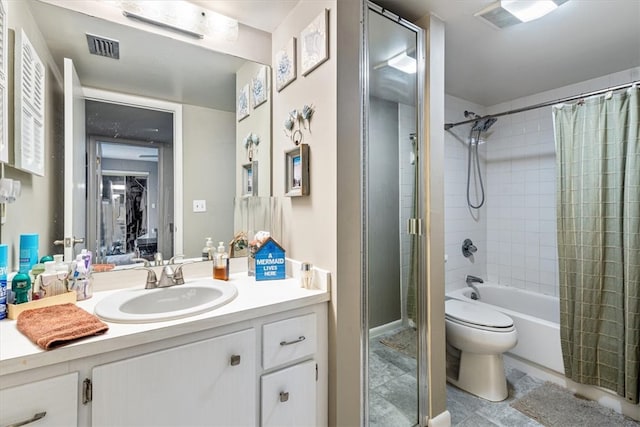 full bathroom featuring vanity, toilet, and shower / bathtub combination with curtain