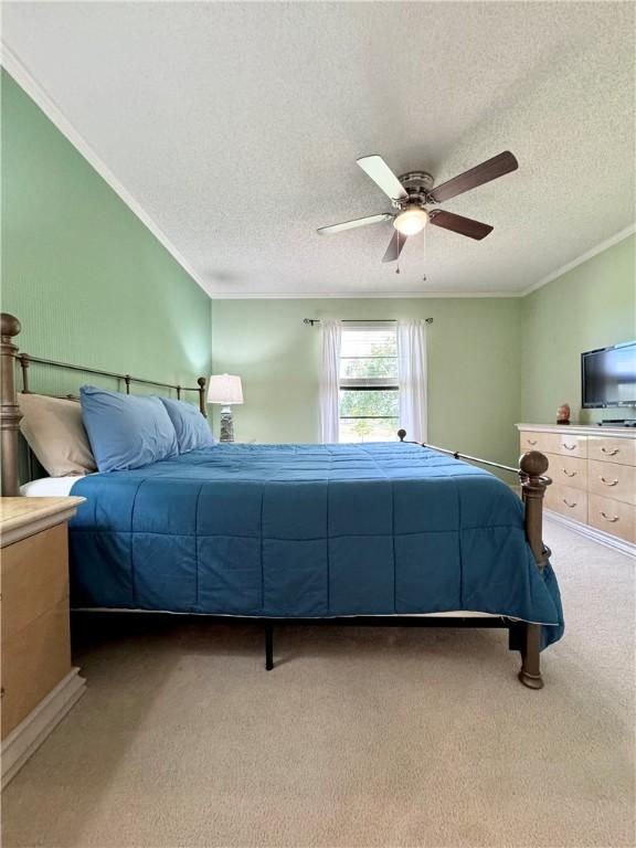 carpeted bedroom featuring ceiling fan, crown molding, and a textured ceiling