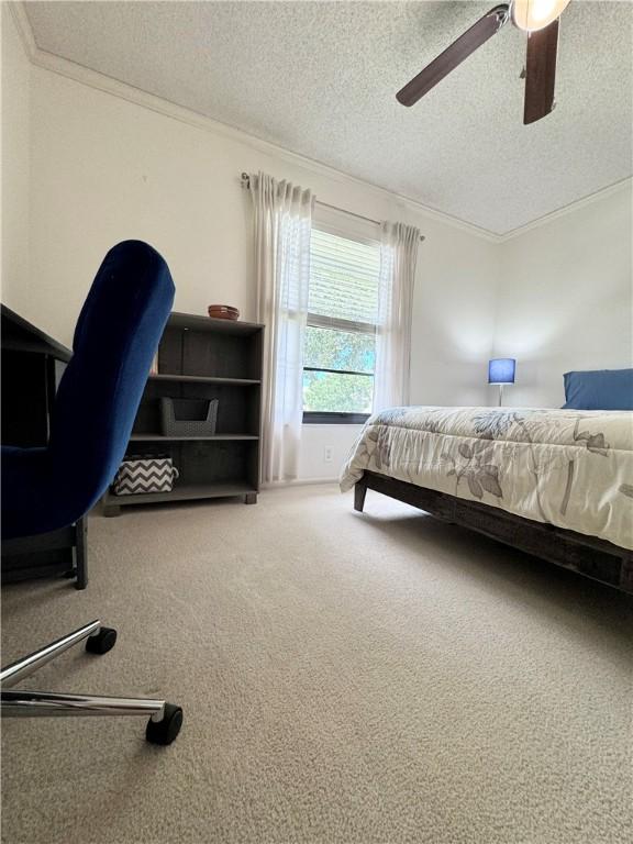 carpeted bedroom featuring a textured ceiling, ceiling fan, and ornamental molding