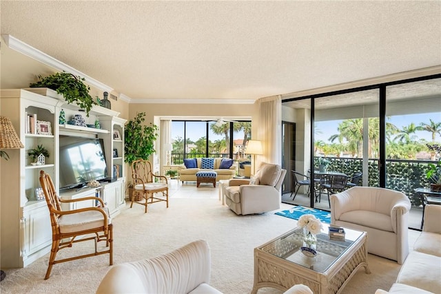 living room featuring expansive windows, ornamental molding, light carpet, and a textured ceiling