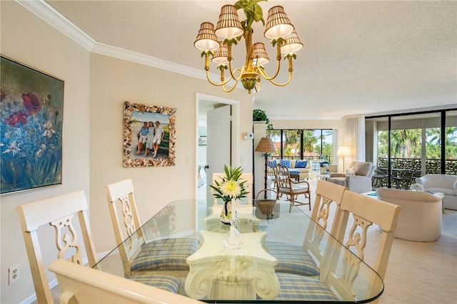 carpeted dining room with crown molding, a textured ceiling, and an inviting chandelier