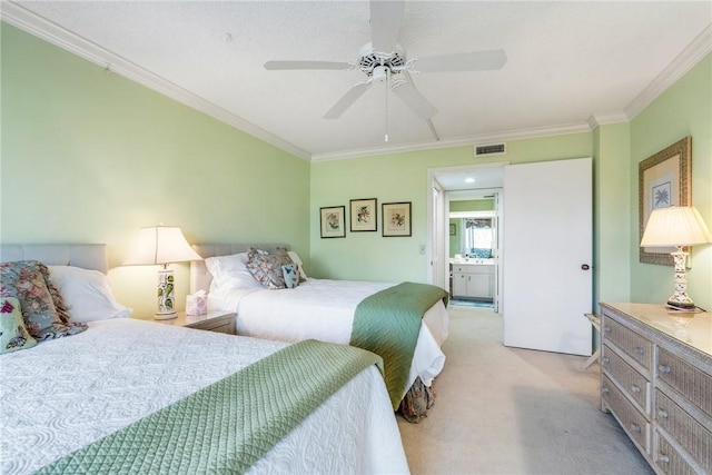 bedroom featuring ceiling fan, ornamental molding, and light carpet