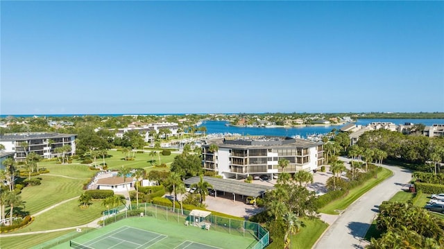 drone / aerial view with a water view