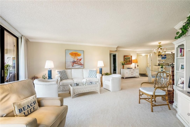 living room with crown molding, a chandelier, light carpet, and a textured ceiling