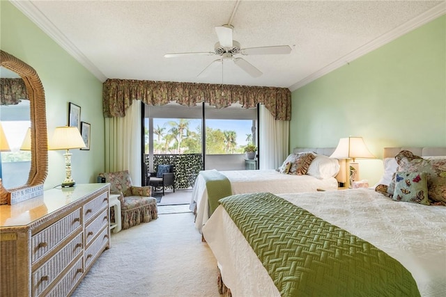 bedroom featuring ornamental molding, a textured ceiling, light carpet, and access to outside