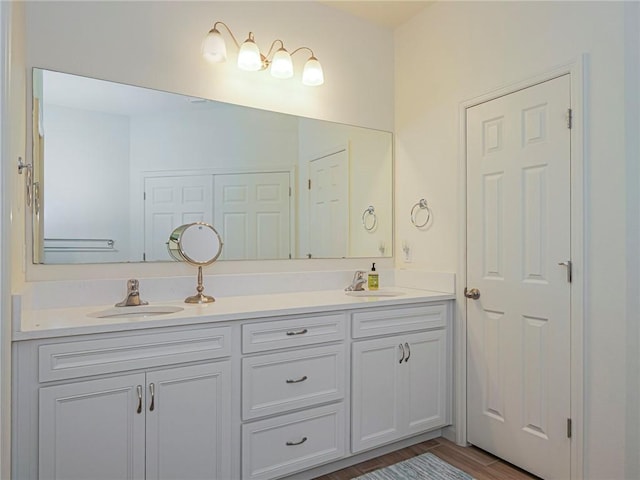 full bathroom featuring double vanity, wood finished floors, and a sink