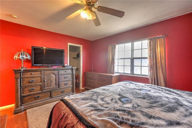 bedroom featuring baseboards, a ceiling fan, a walk in closet, light wood-style floors, and a closet