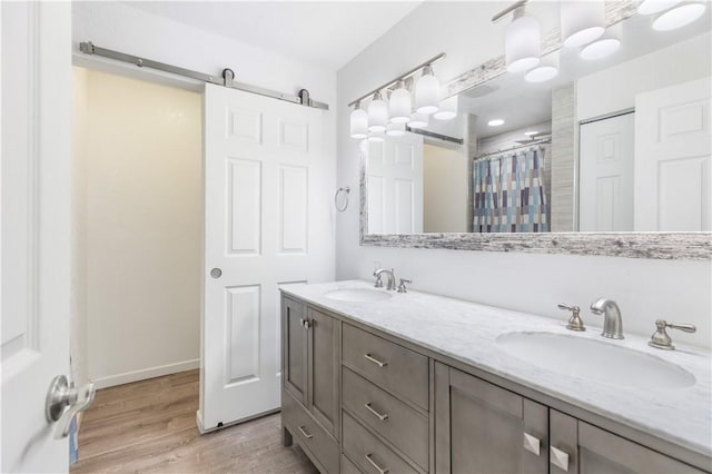 bathroom with vanity, a shower with shower curtain, and wood-type flooring