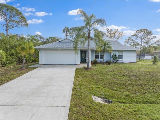 single story home with a garage and a front lawn