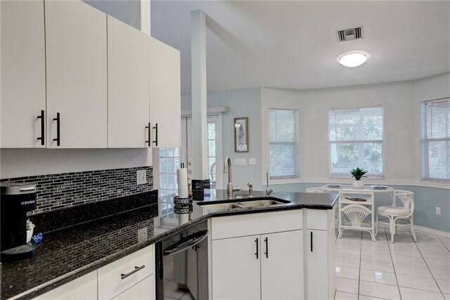 907 Starflower Ave, Sebastian, FL 32958 - kitchen with a sink, dishwasher, dark stone counters, tasteful backsplash, and visible vents